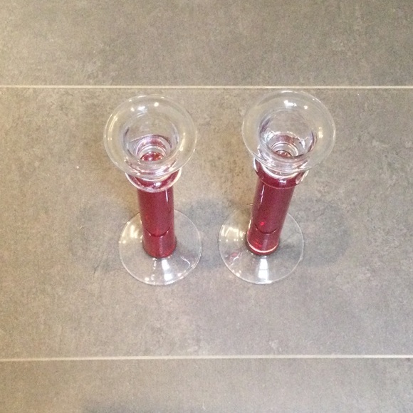 Pair of 10” contemporary red glass candlestick holders - Picture 2 of 4